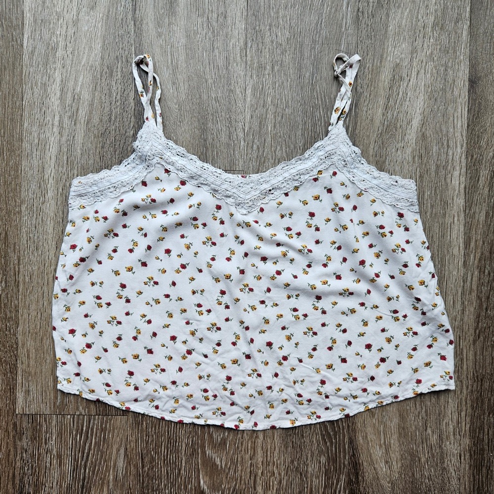 Hollister Womens White Floral Lace Trim Camisole Tank Top Large Viscose Casual